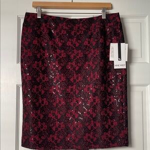 Nine West Black and Red Sequin Lace Holiday Pencil Skirt NWT